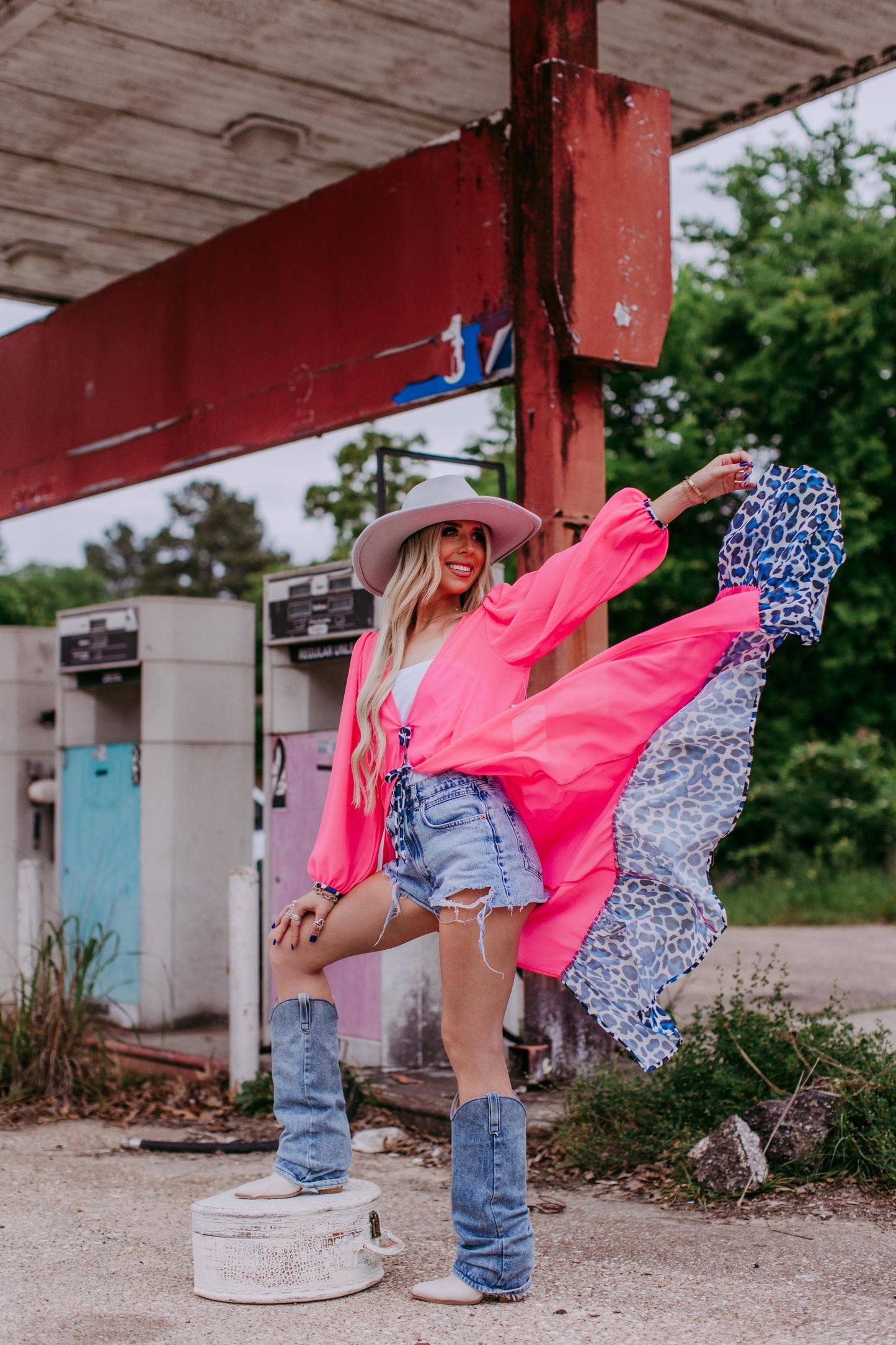 Western Pink Chiffon Duster with Leopard Print Ruffle Hem
