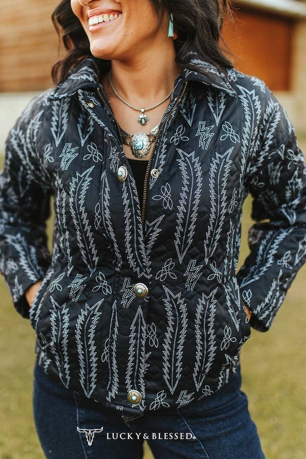 Black Bootstitch Printed Quilted Jacket W Front Pockets