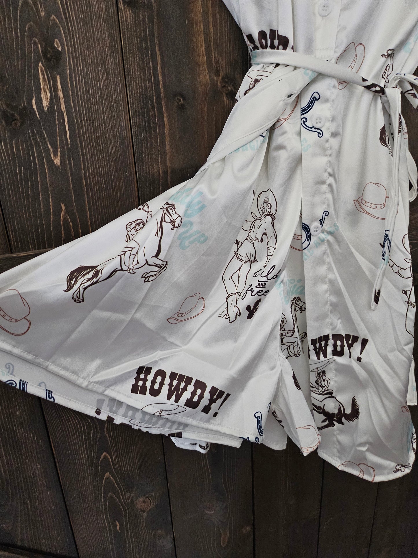 White Cowgirl Satin Shirt Romper Dress