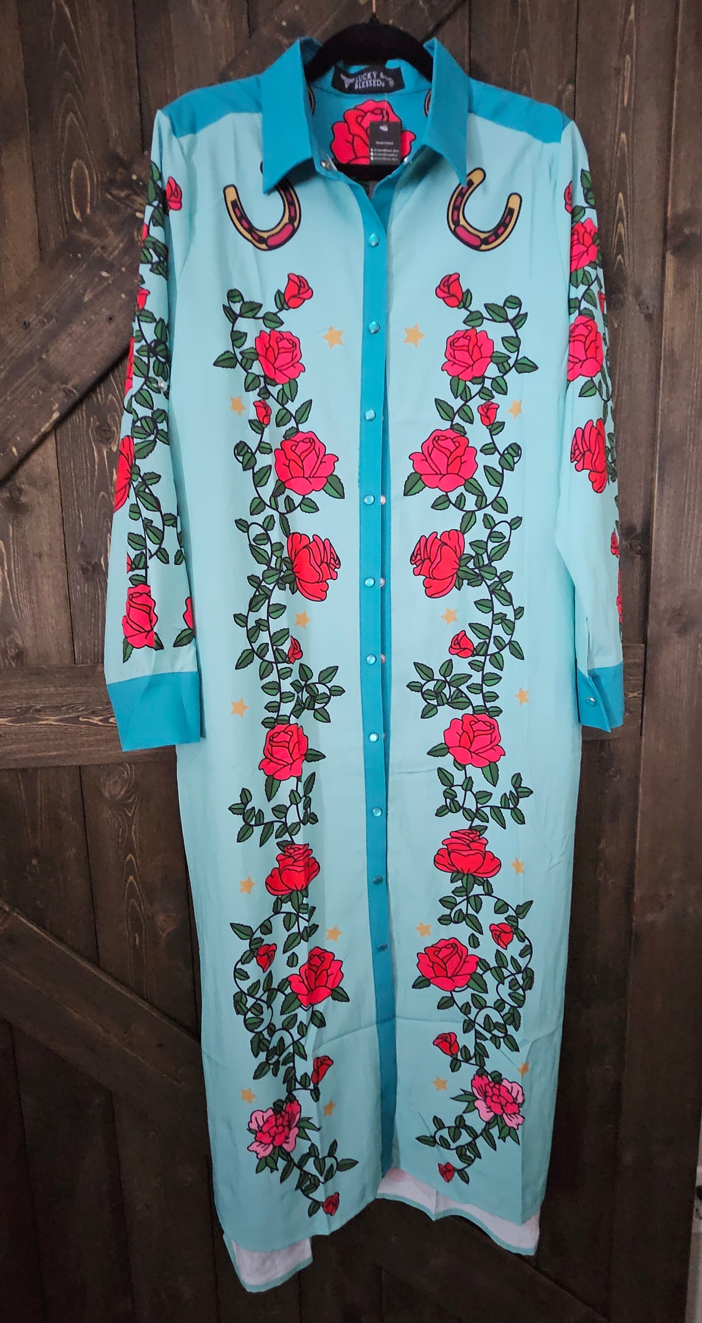 Turquoise And Rose Cowgirl Printed Button Down Maxi Shirt Duster Dress