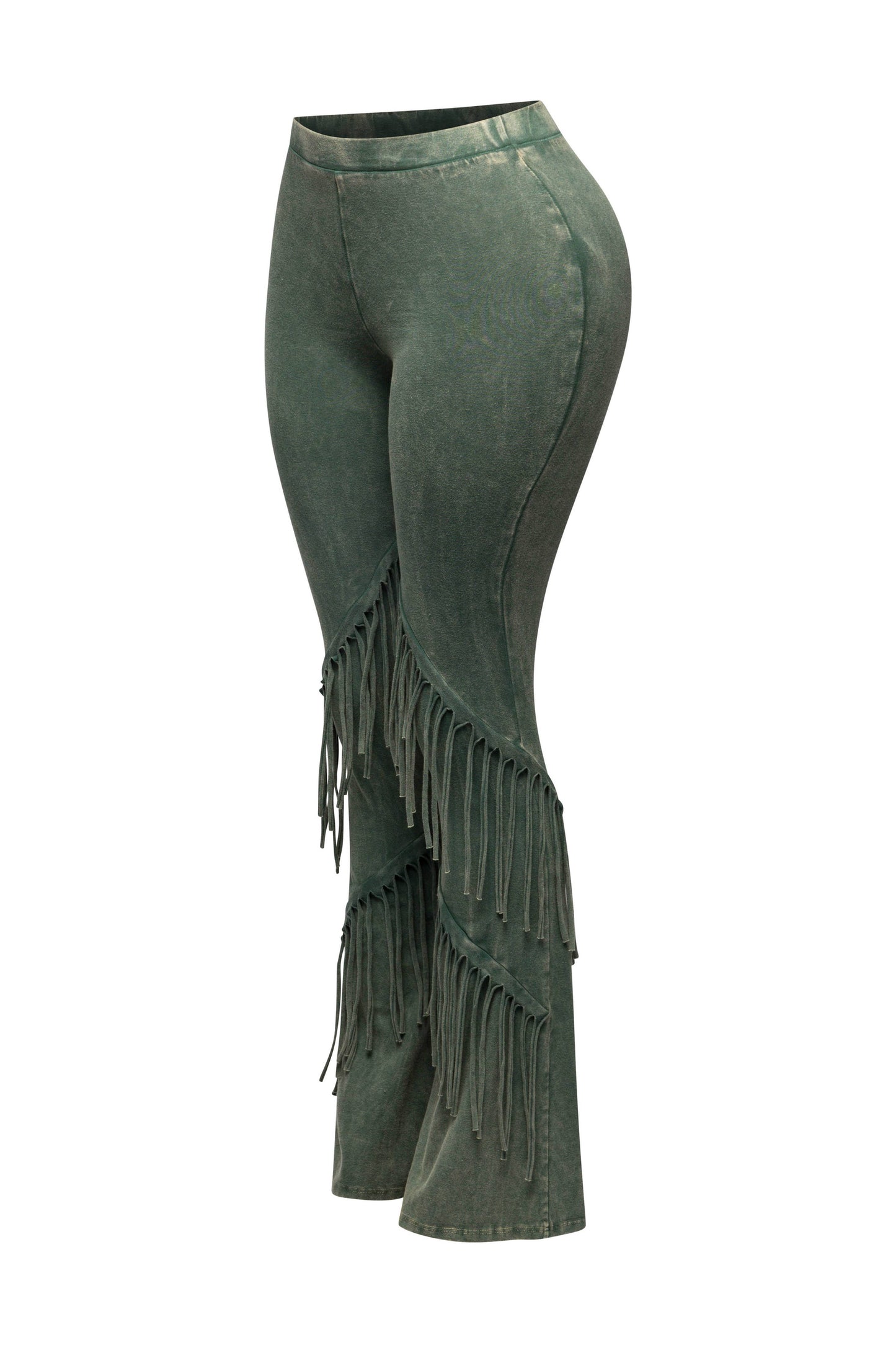 Green flared leggings with fringe