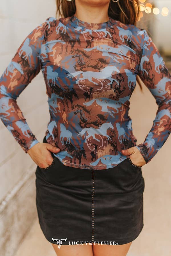 Light Blue Mocha Horse Long Sleeve Mesh Top