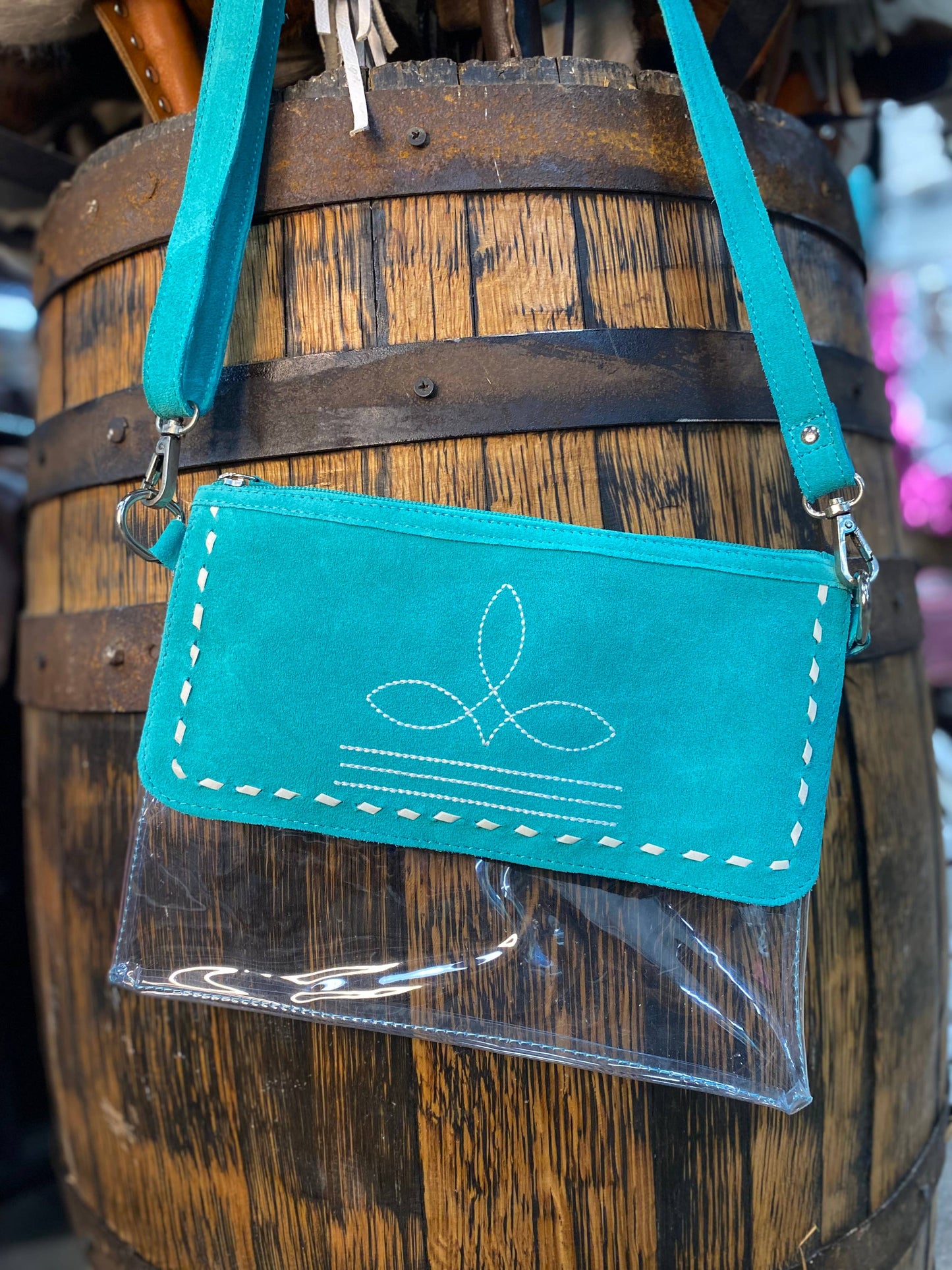 Clear Turquoise Suede Leather Boot Stitch Crossbody Bag