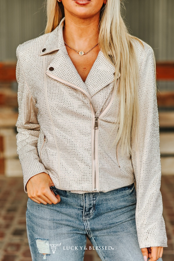 Rhinestone Studded Long Sleeve Zip Up Moto Jacket