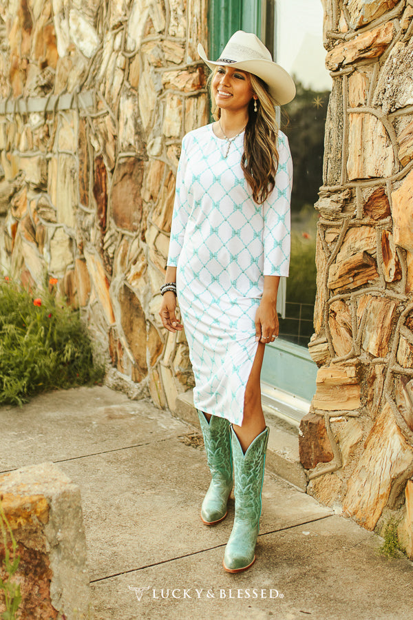 White and Turquoise Ribbon Printed 3/4 Sleeve Maxi Dress W Slit Hem Country Journey Boutique White and Turquoise Ribbon Printed 3/4 Sleeve Maxi Dress W Slit Hem Country Journey Boutique