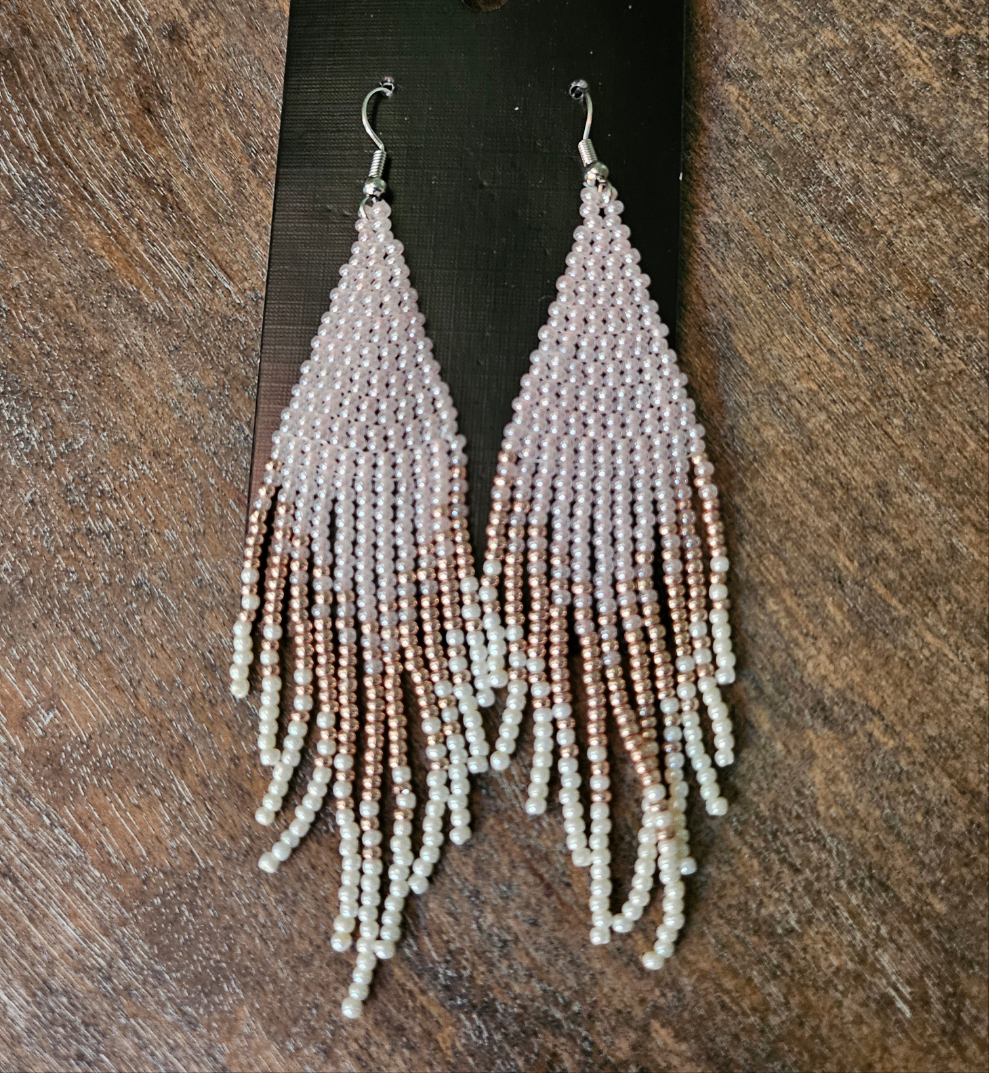 Pink beaded fringe tassel earrings