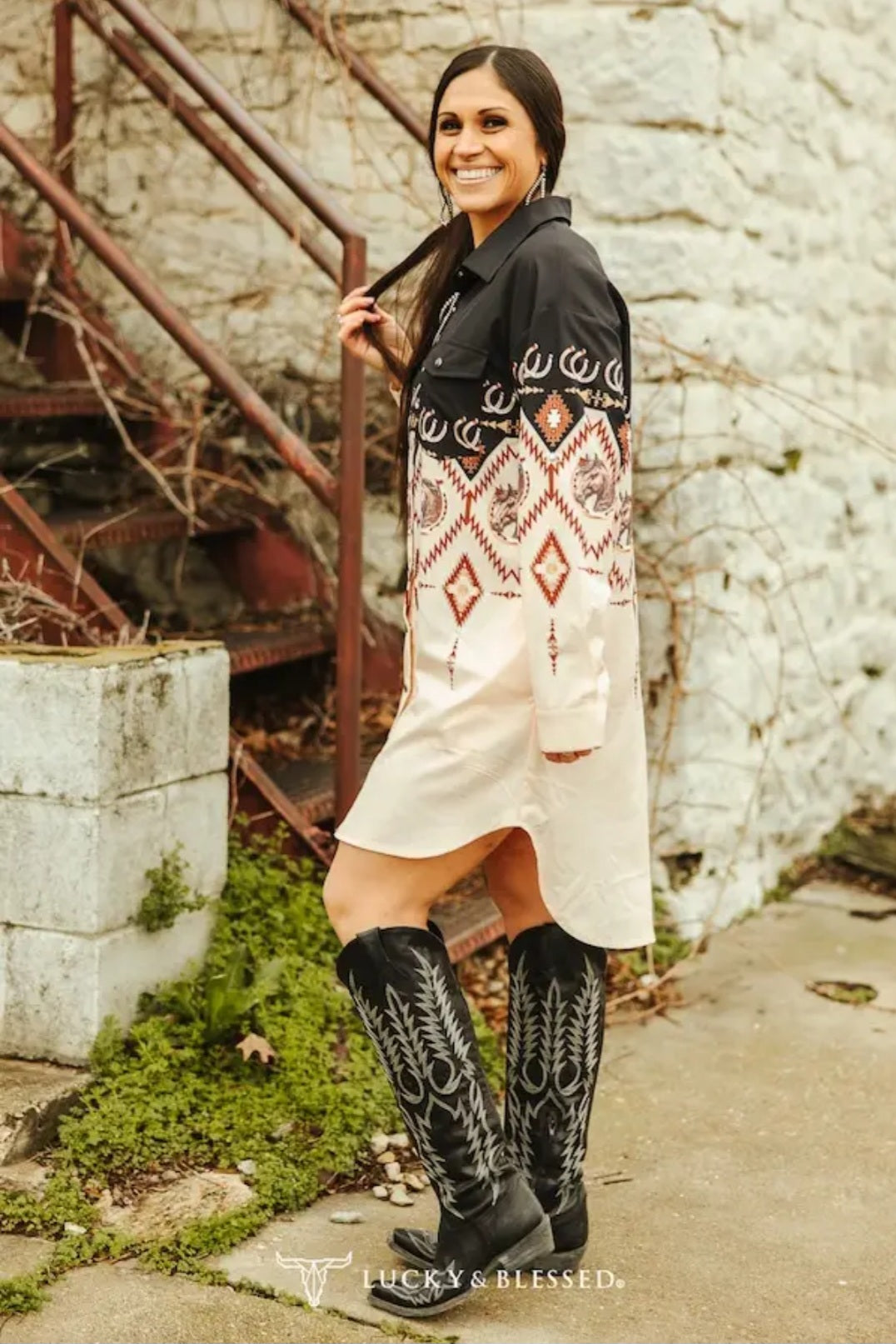 LUCKY & BLESSED - Black Ombre Horse Aztec Button Down Collared Dress.