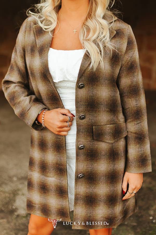 Brown Plaid Western Yoke Long Sleeve Long Blazer Jacket