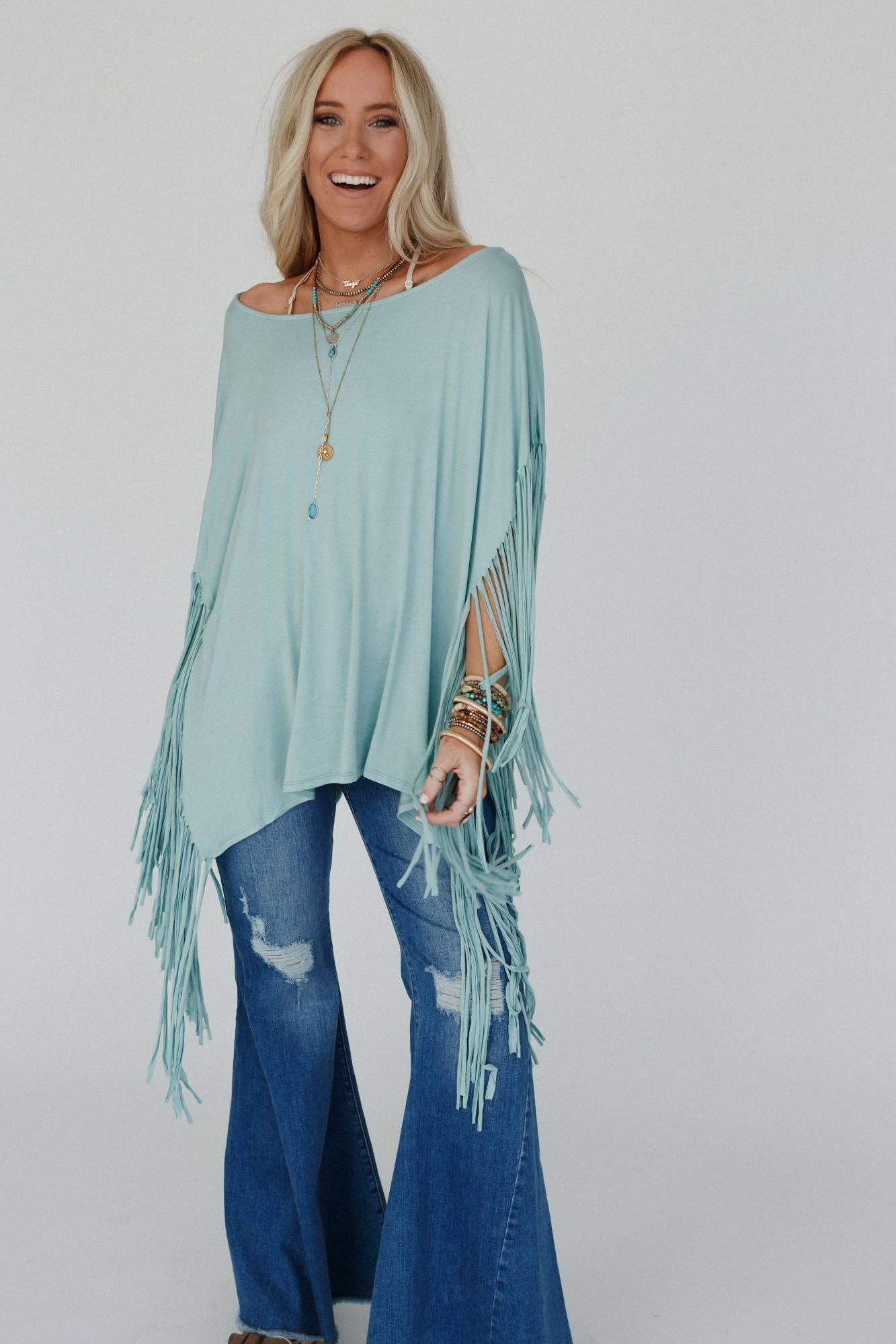Showstopper Fringe Top - Washed Turquoise