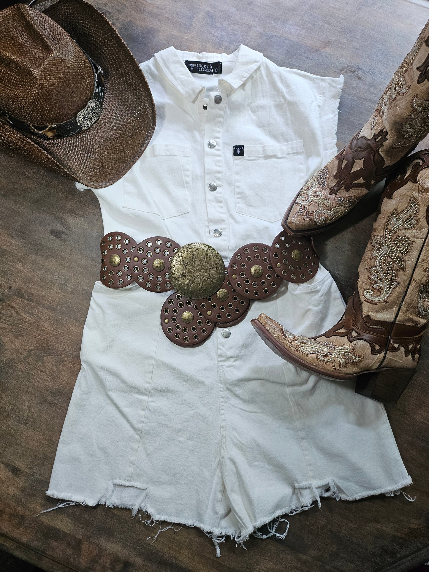 Ivory Button Down Stretch Denim Short Sleeve Romper