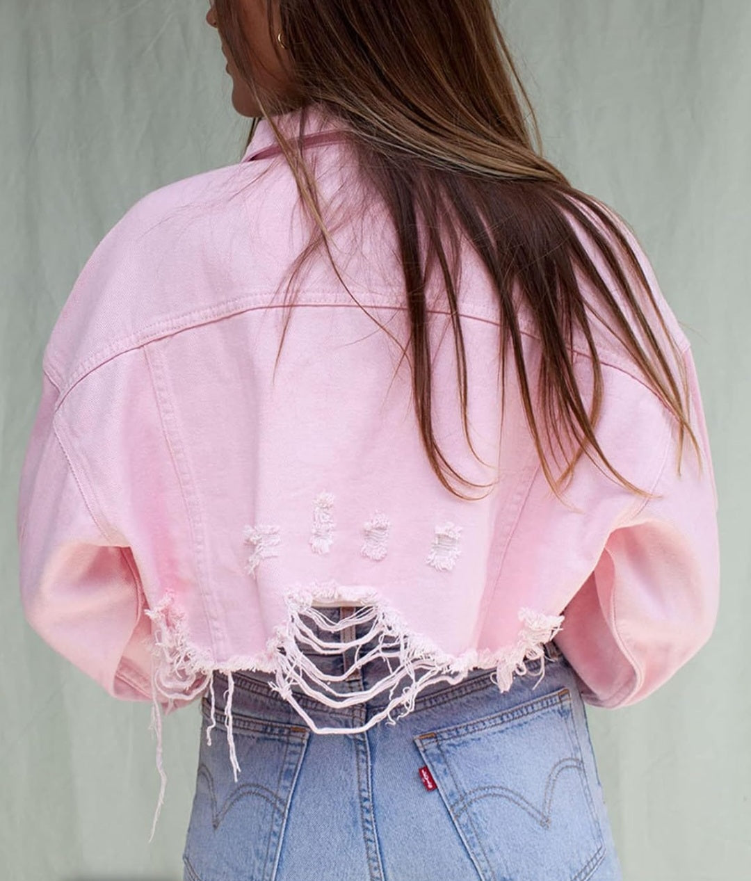 Western Pink Cropped Denim Distressed Jacket