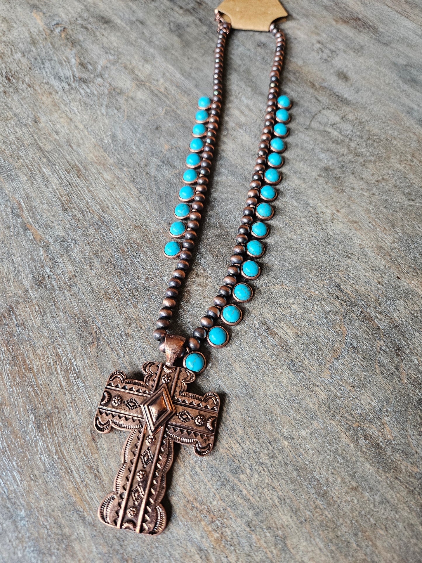 Bronze large cross pendant beaded necklace.