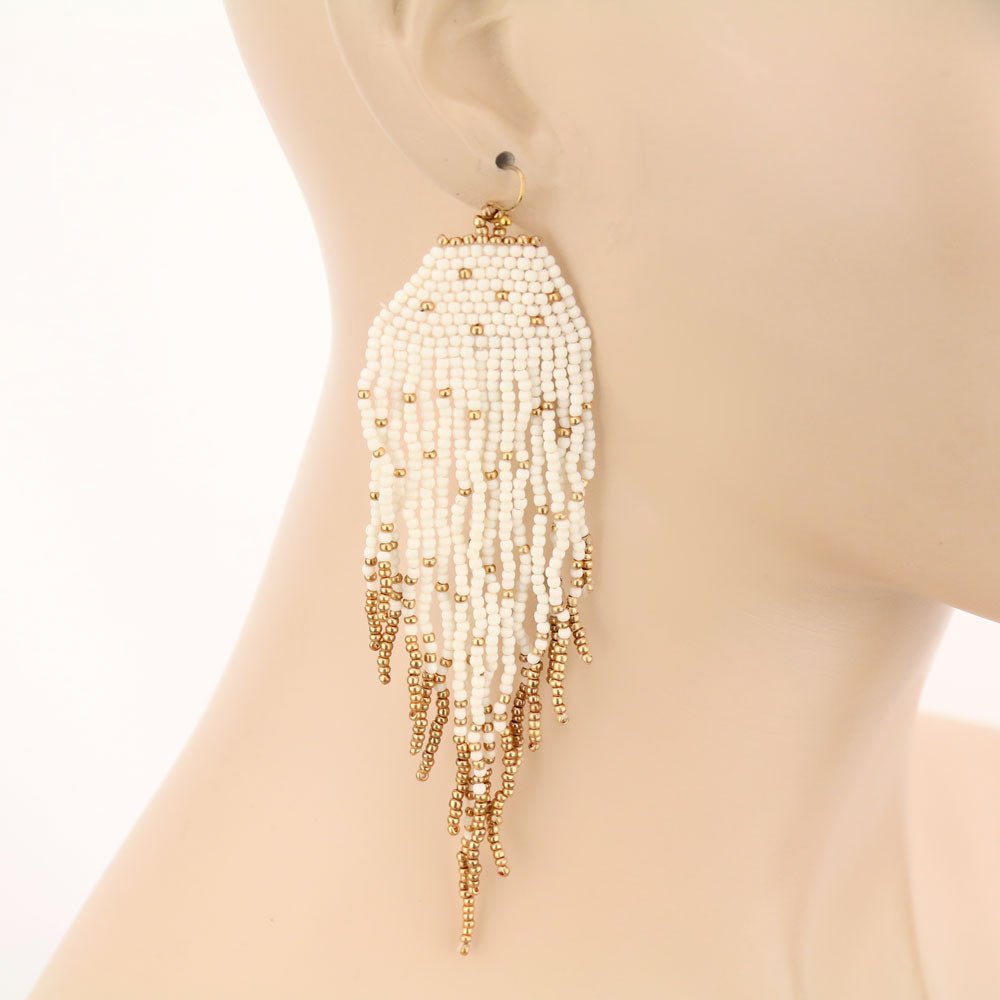 White and gold boho seed bead tassel earrings