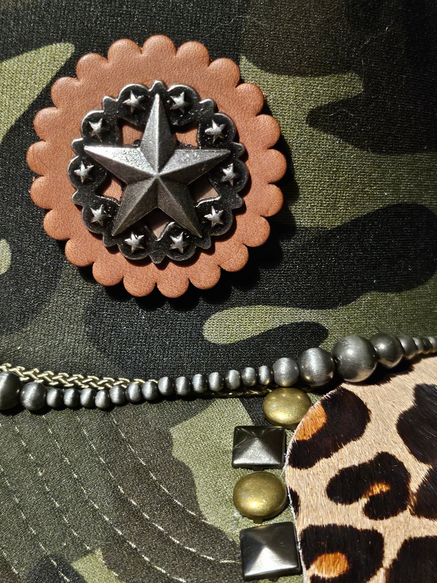 Western trucker hat with cowhide and conchos