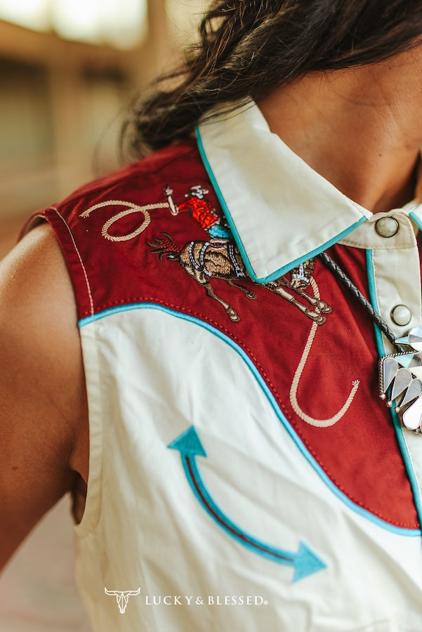 Ivory Western Yoke Button Down Embroidered Sleeveless Shirt