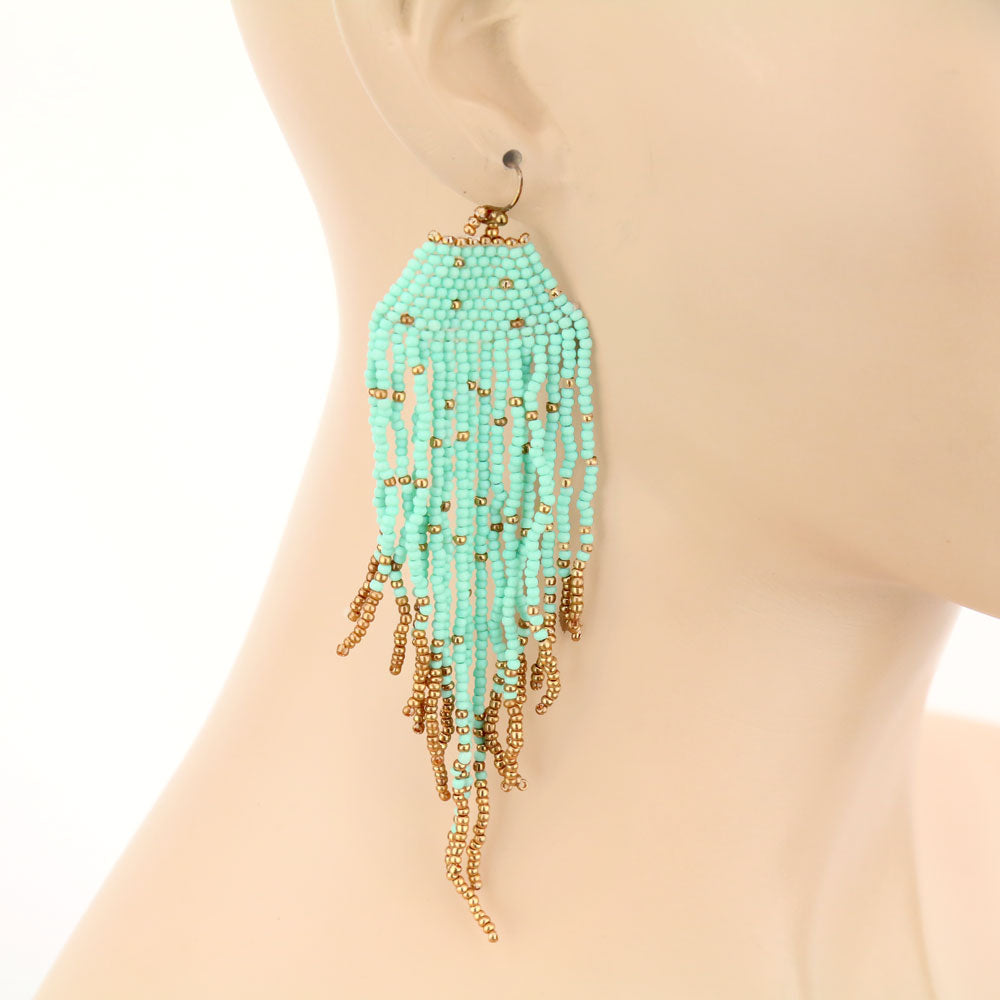 Turquoise and gold boho seed bead tassel earrings