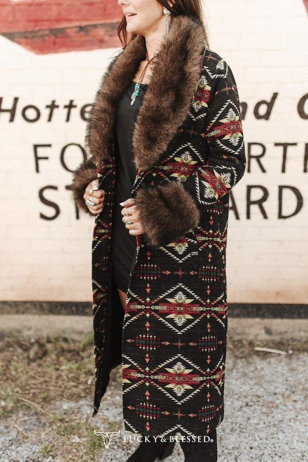 Black Aztec Fur Collar And Cuff Sleeves Long Coat