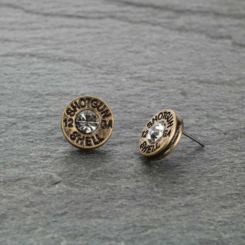 Gold Shotgun Shell Stud Rhinestone Earrings
