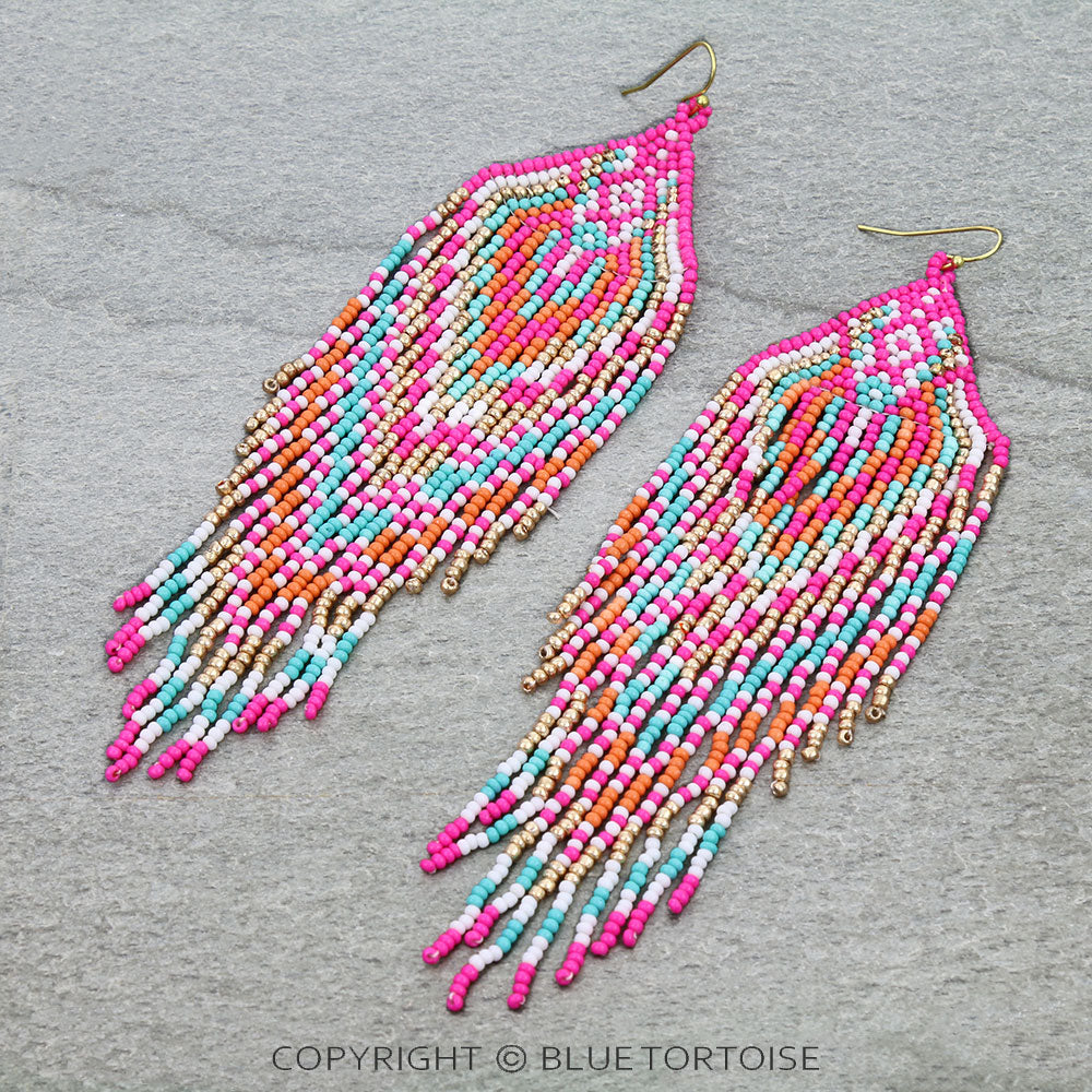 Pink Boho beaded fringe tassel earrings