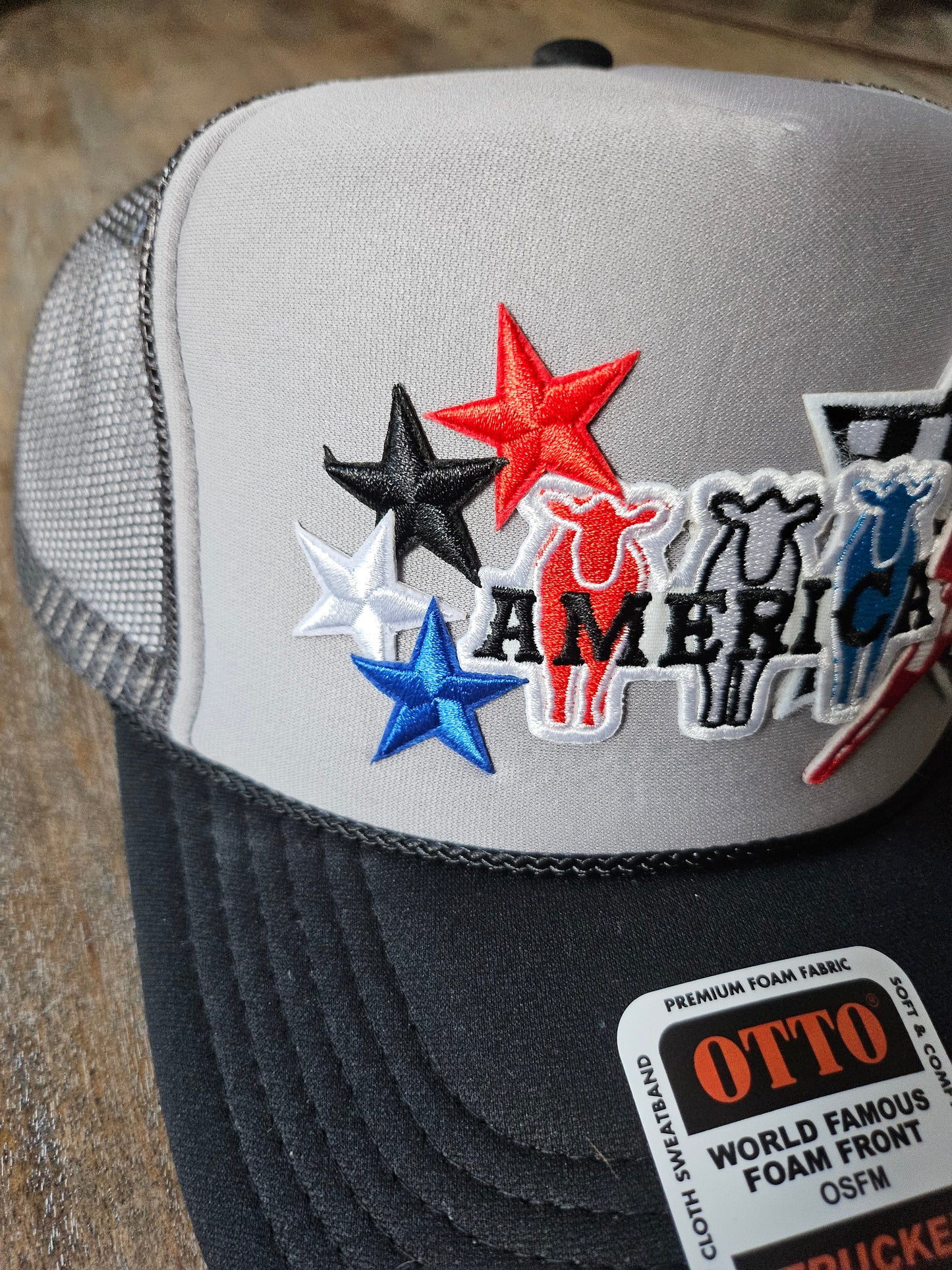 Red, white, and blue trucker hats