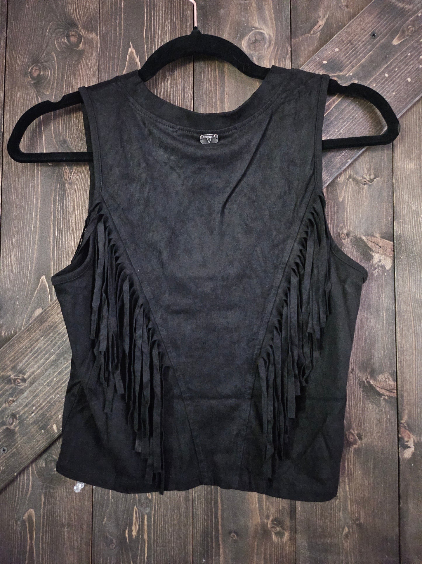 Black Suede Front V Fringe Stud Top