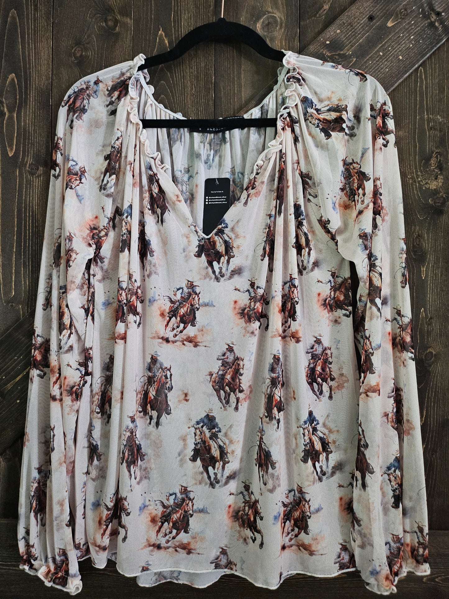 Cream Horse Printed Puff Sleeve Mesh V Neck Long Sleeve Blouse