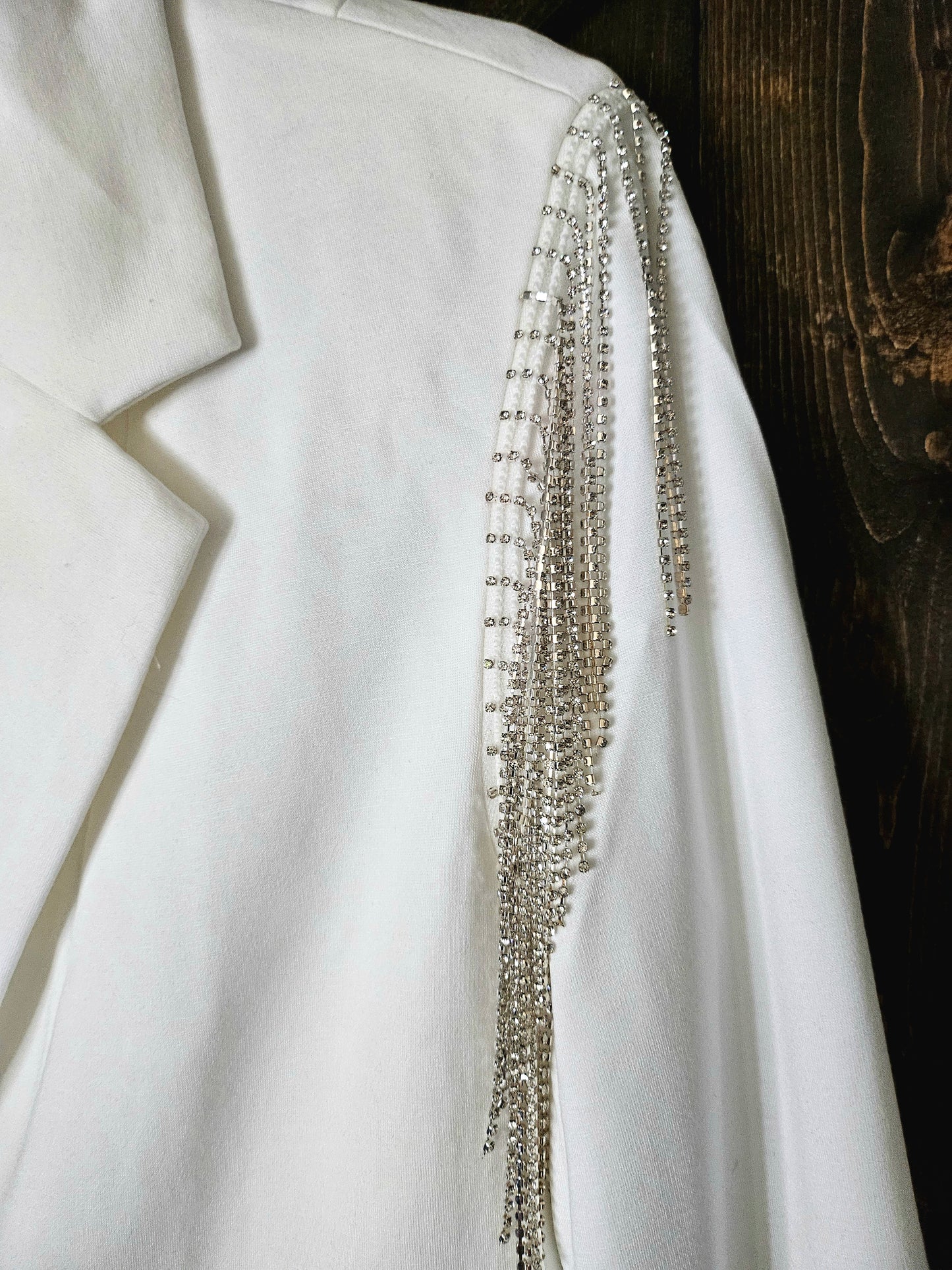 White Western Stretch Boyfriend Rhinestone Fringe Shoulder Blazer