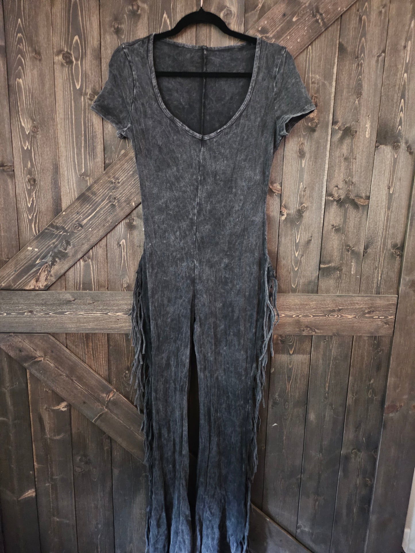 Black Mineral washed fringed jumpsuit