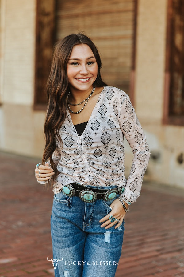Ivory Aztec Mesh Long Sleeve Button Down Top.