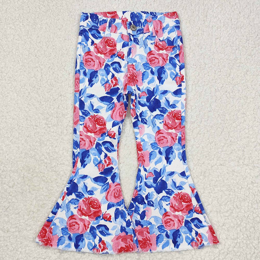 Girls Blue Leaves Pink Flowers Bell Flare Denim Pants