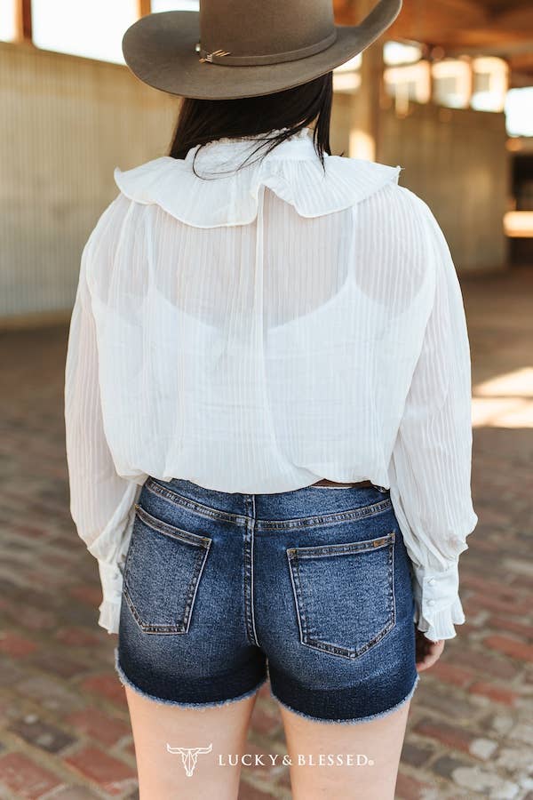 White Sheer long Sleeve Ruffle Front Blouse