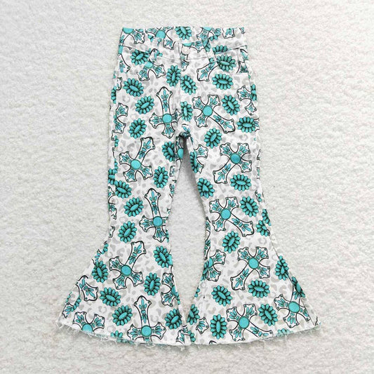 Aier Wholesale - Baby Girls Easter Cross Turquoise Bell Flare Denim Pants Jea