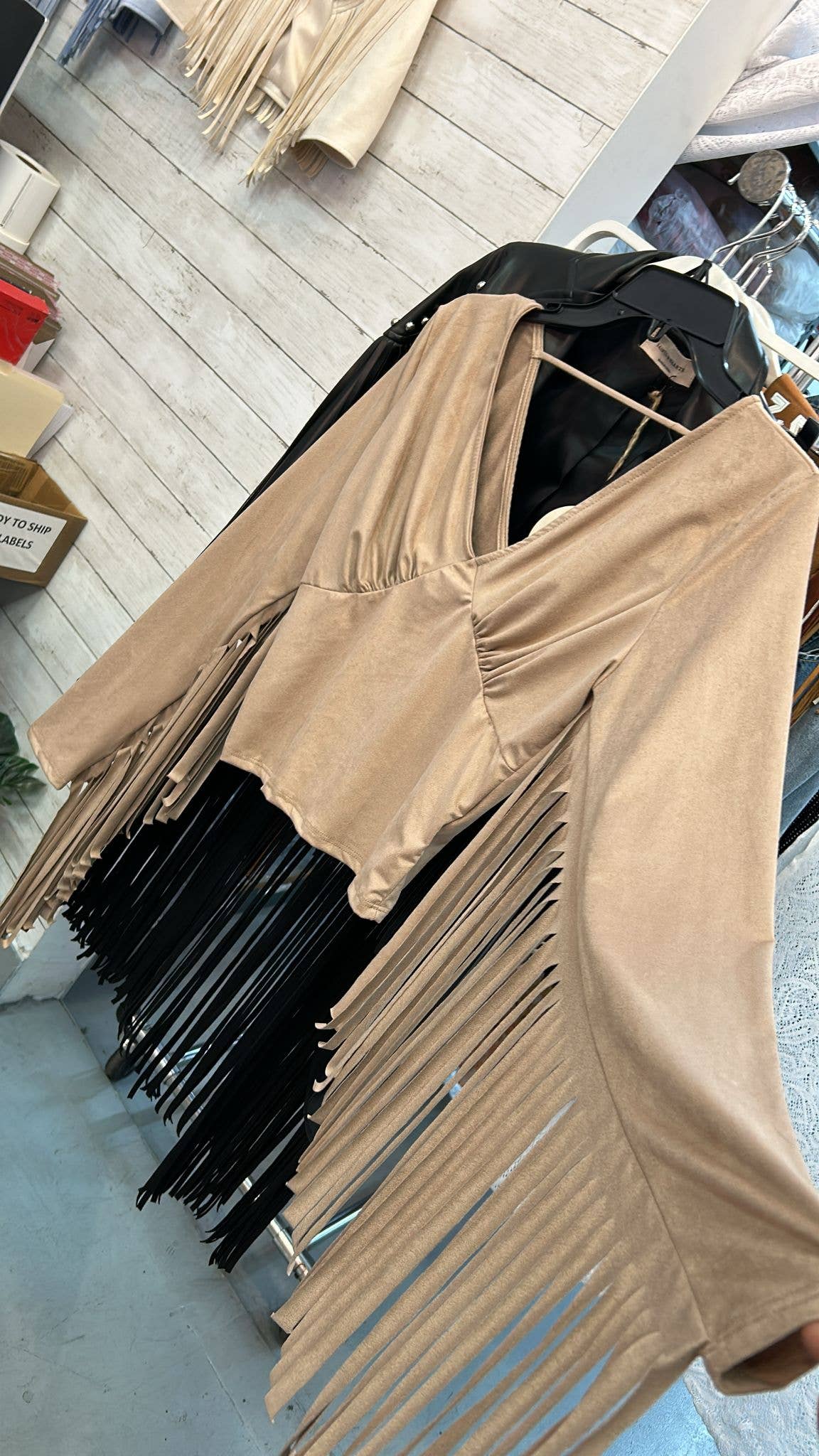 TAN FRINGE SLEEVE SUEDE FABRIC TOP