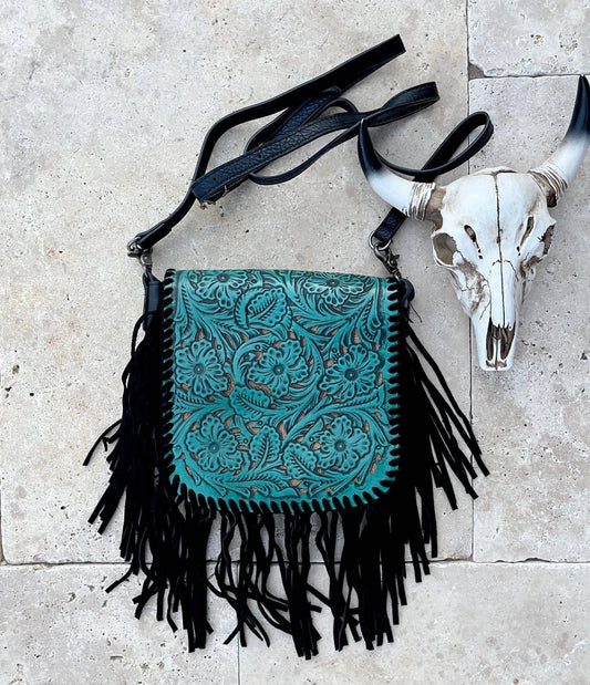 THE LEXIE CROSSBODY - TURQUOISE/ BLACK - Laser Cut Purse