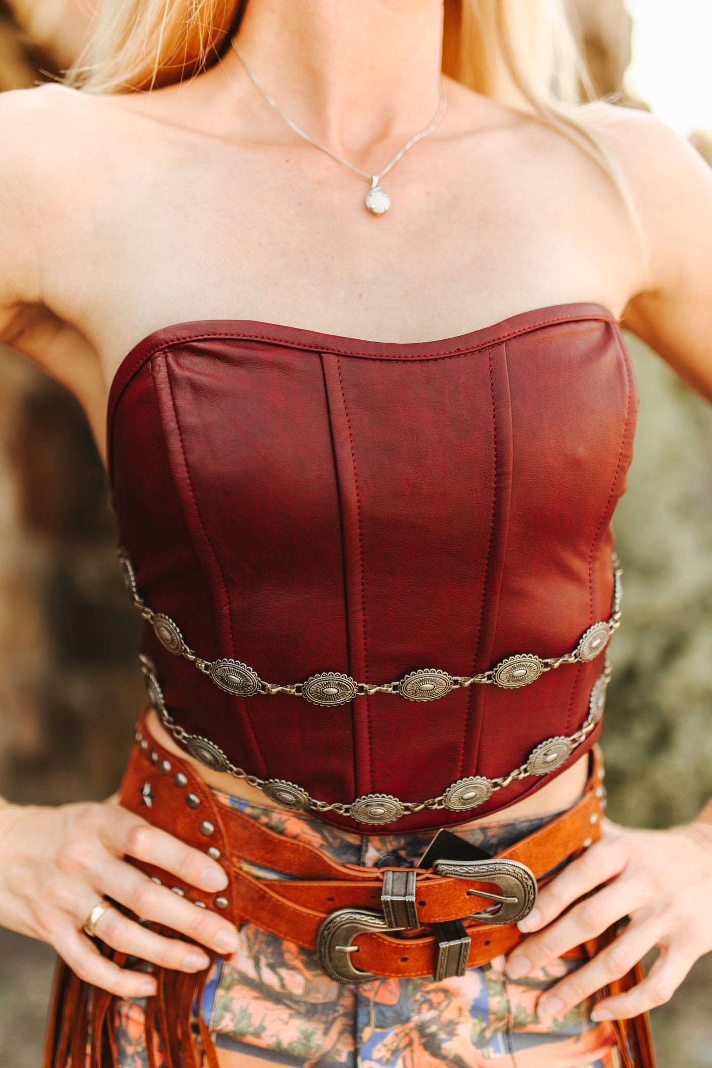 Wine Corset Top With Concho Chain Detail on Faux Leather