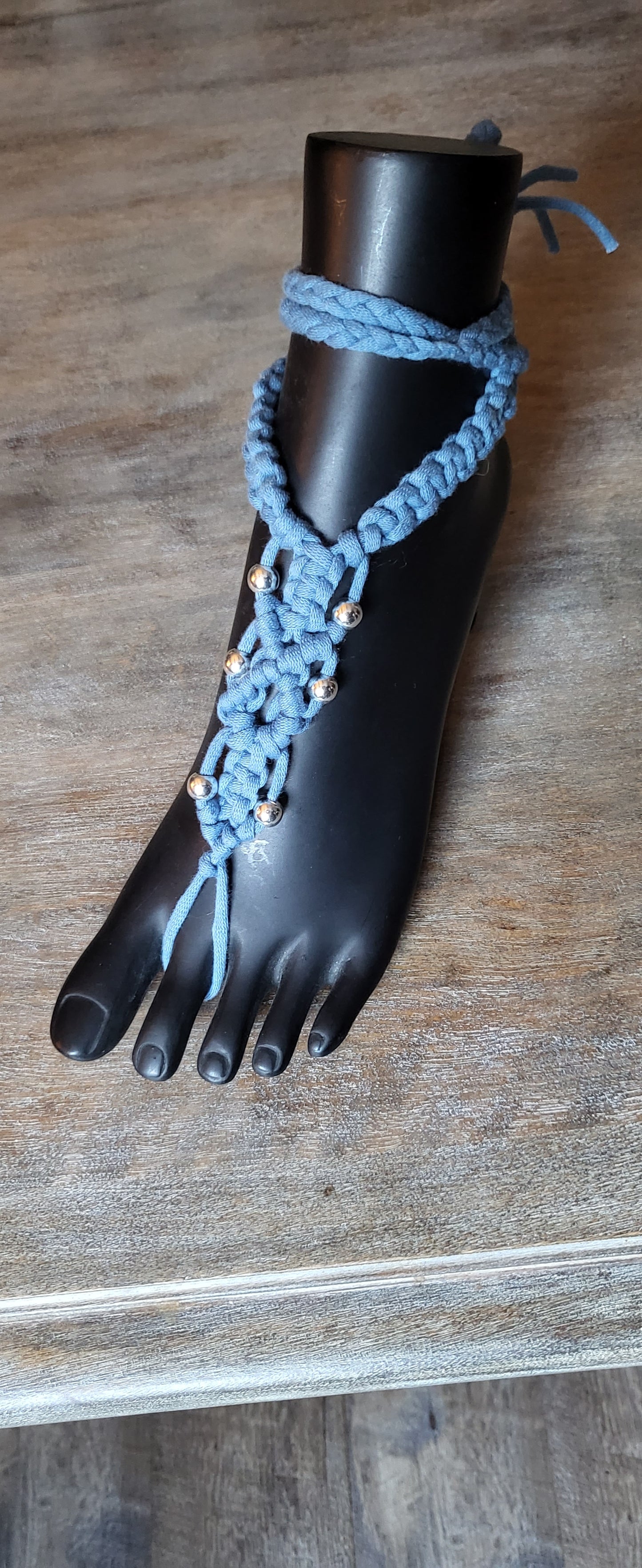 Steel blue macreme festival dress with silver beads and matching Barefoot sandals fully adjustable