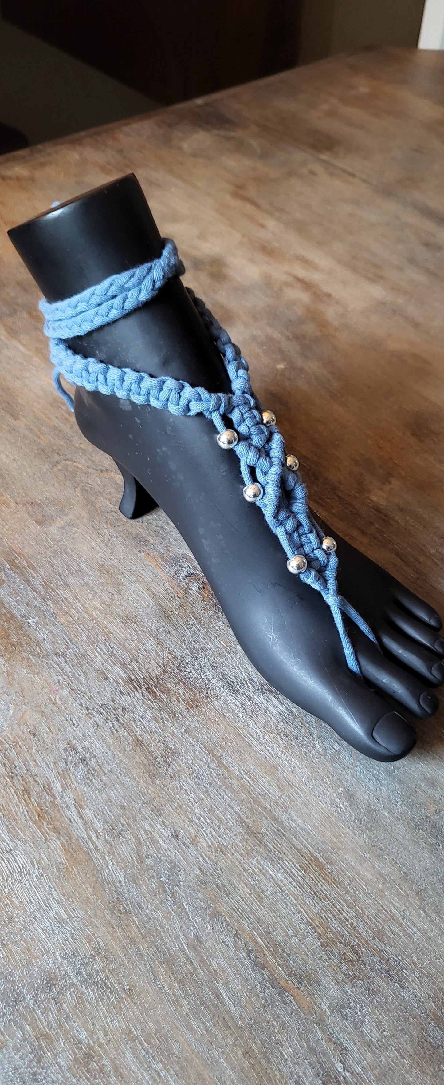 Steel blue macreme festival dress with silver beads and matching Barefoot sandals fully adjustable