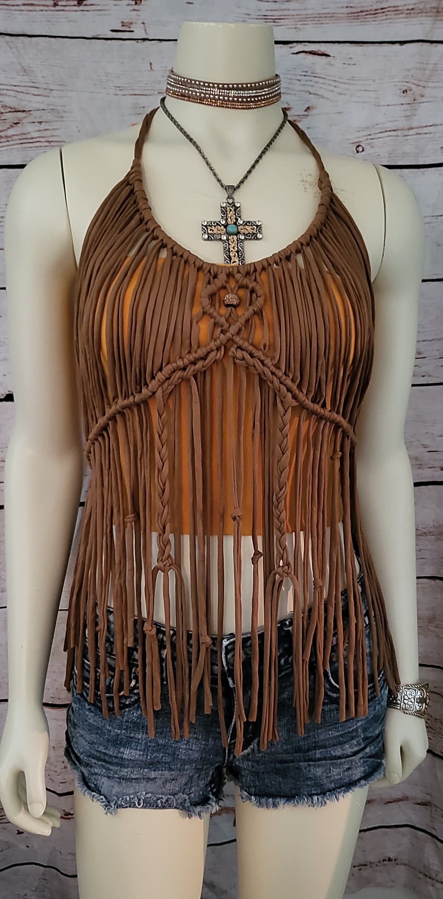 Brown macrame beach festival dress with a rhinestone bead, fully adjustable