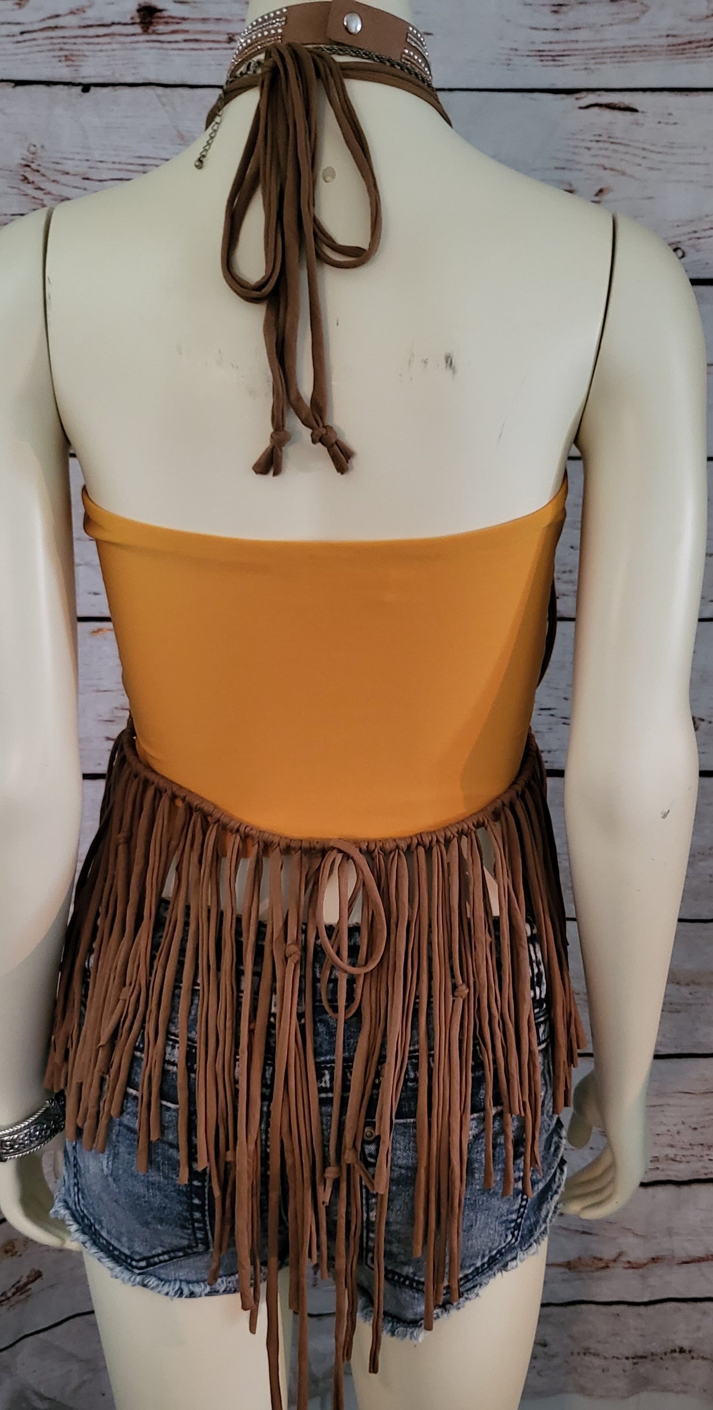 Brown macrame beach festival dress with a rhinestone bead, fully adjustable