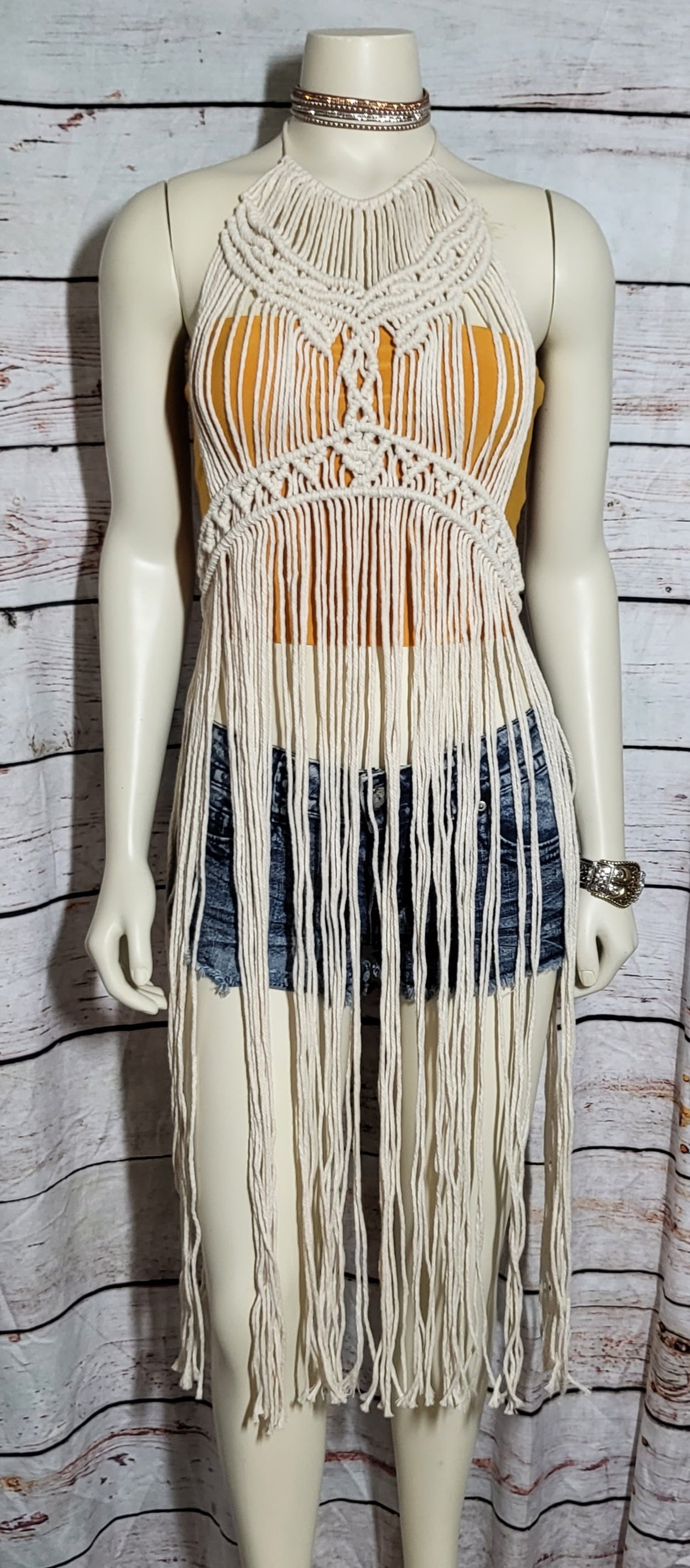 Natural white macreme beach festival dress with matching Barefoot sandals and wooden beads fully adjustable