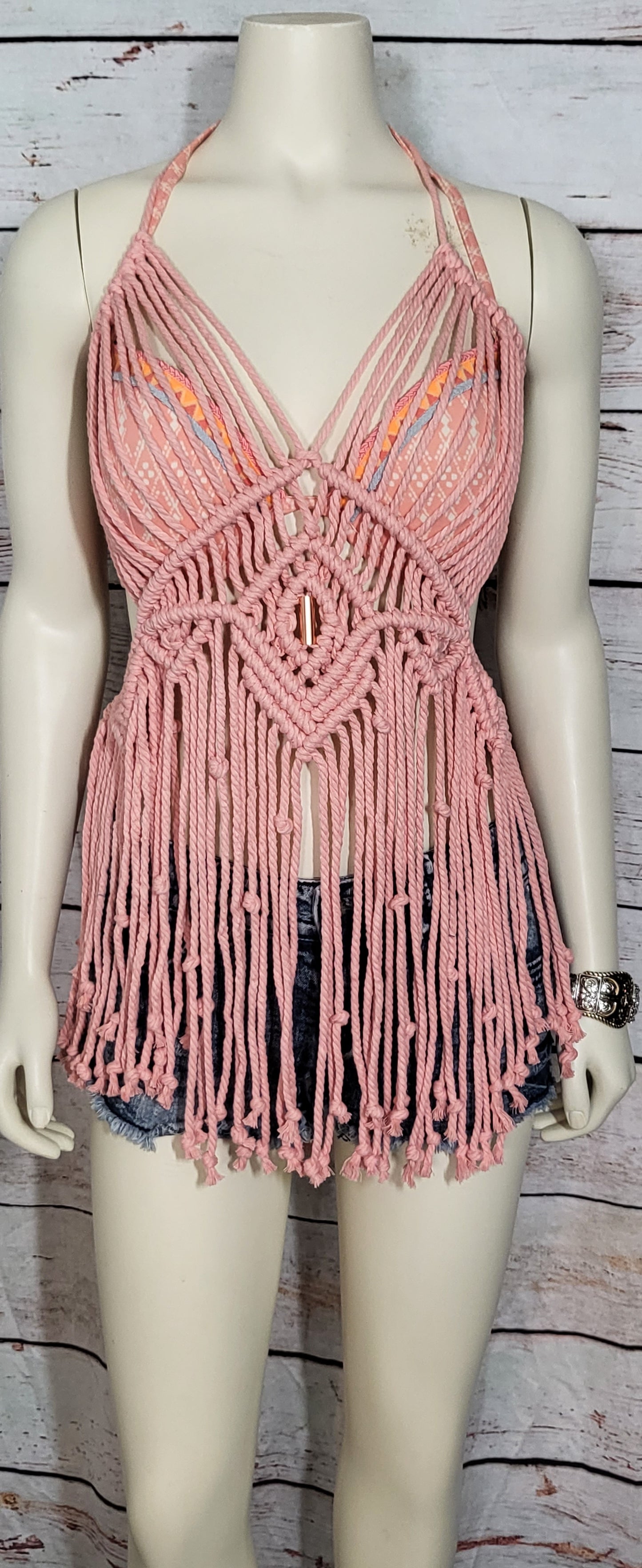 Pink sexy macrame top with copper bead accent fully adjustable one size fits most