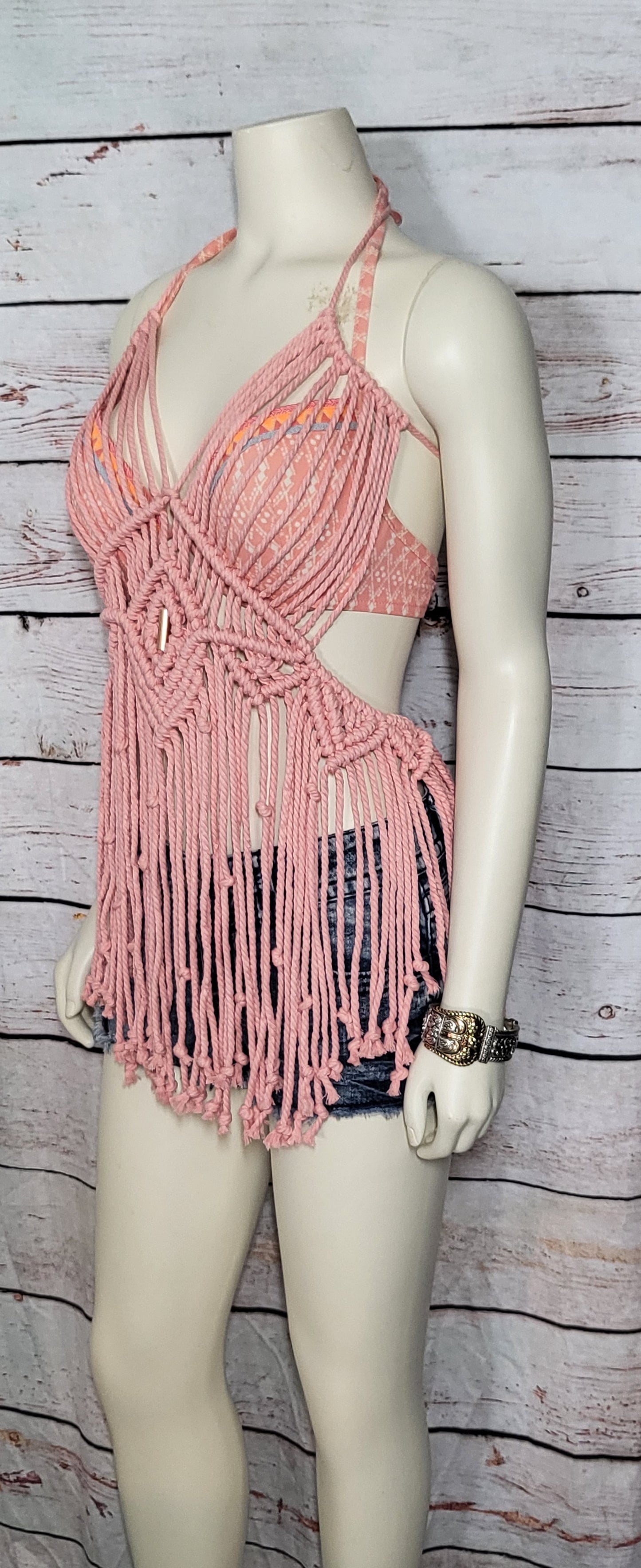 Pink sexy macrame top with copper bead accent fully adjustable one size fits most