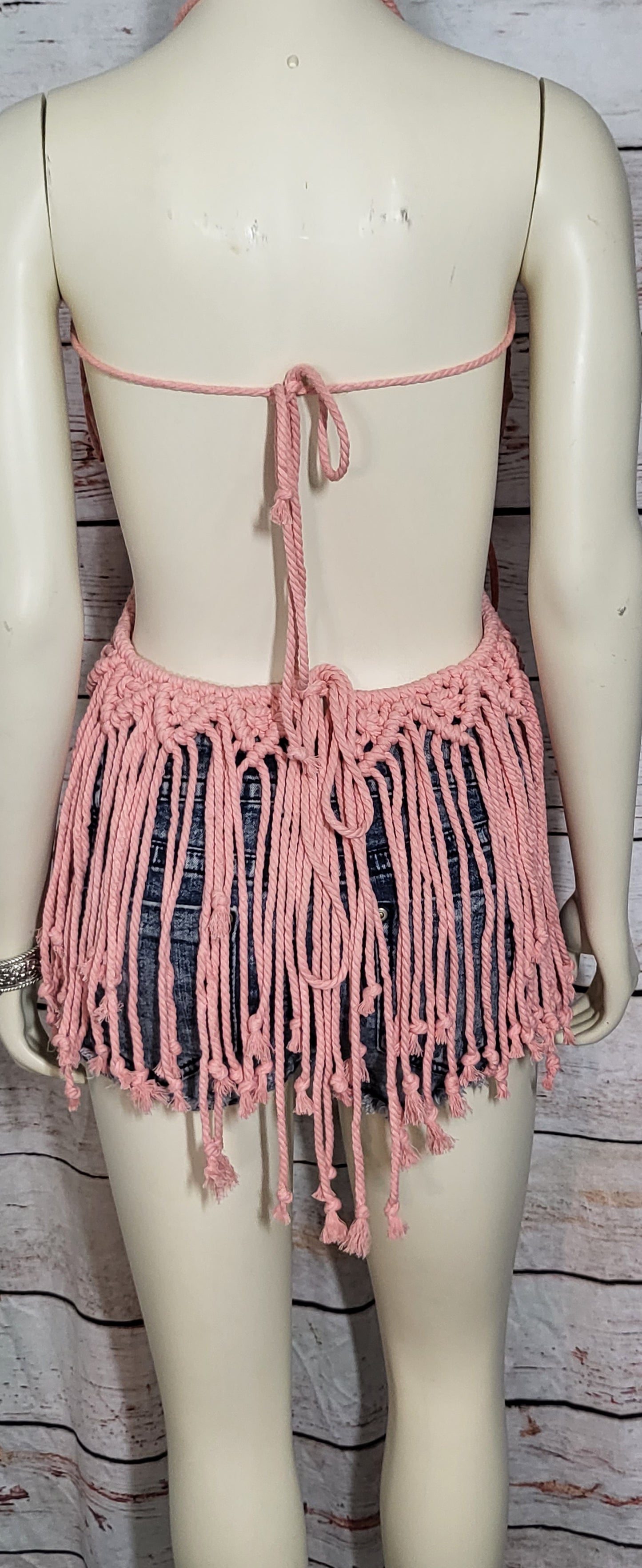 Pink sexy macrame top with copper bead accent fully adjustable one size fits most