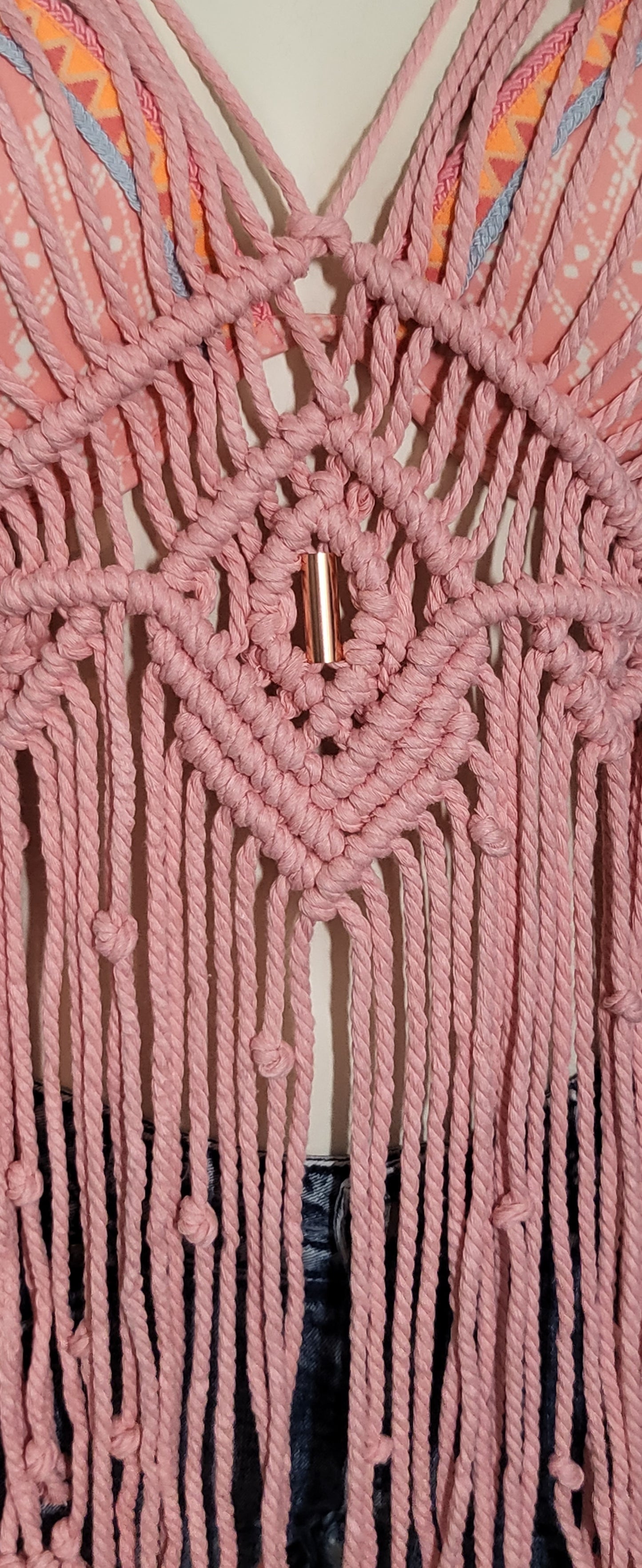 Pink sexy macrame top with copper bead accent fully adjustable one size fits most