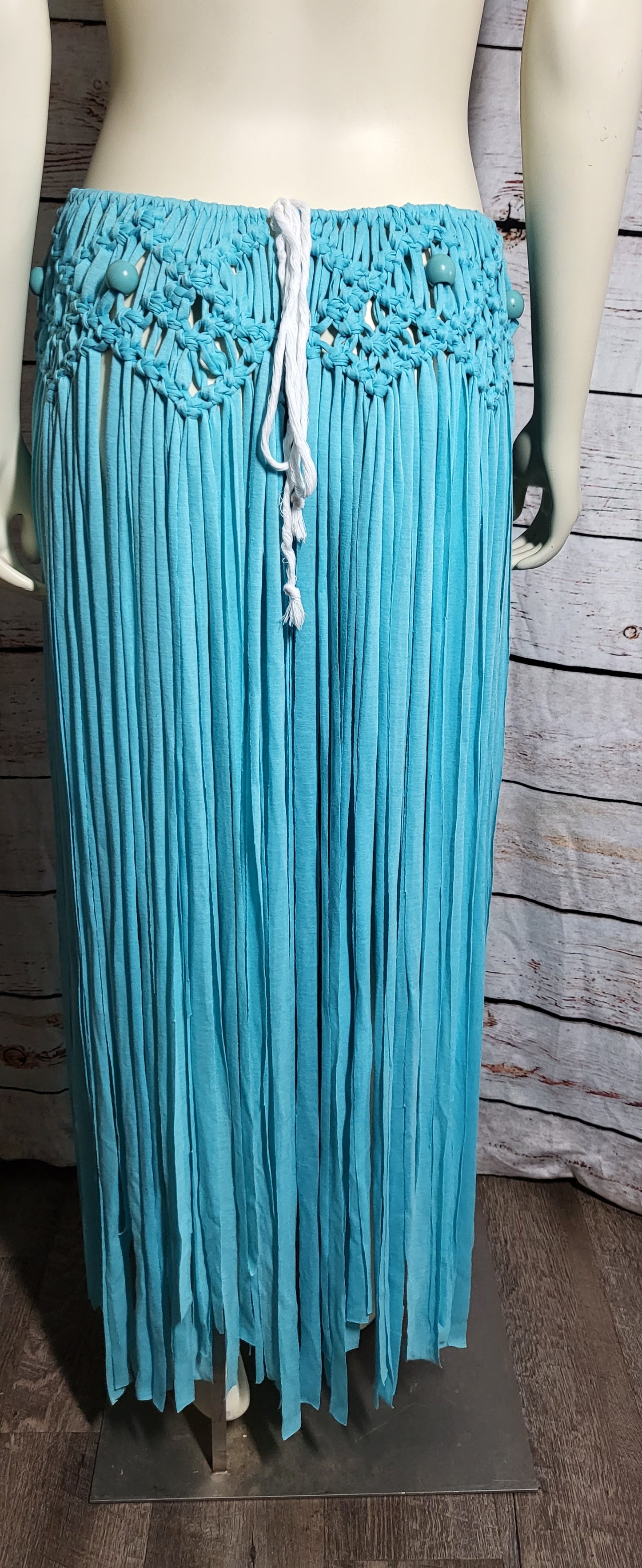 Turquiose Macreme Beach skirt with wooden beads