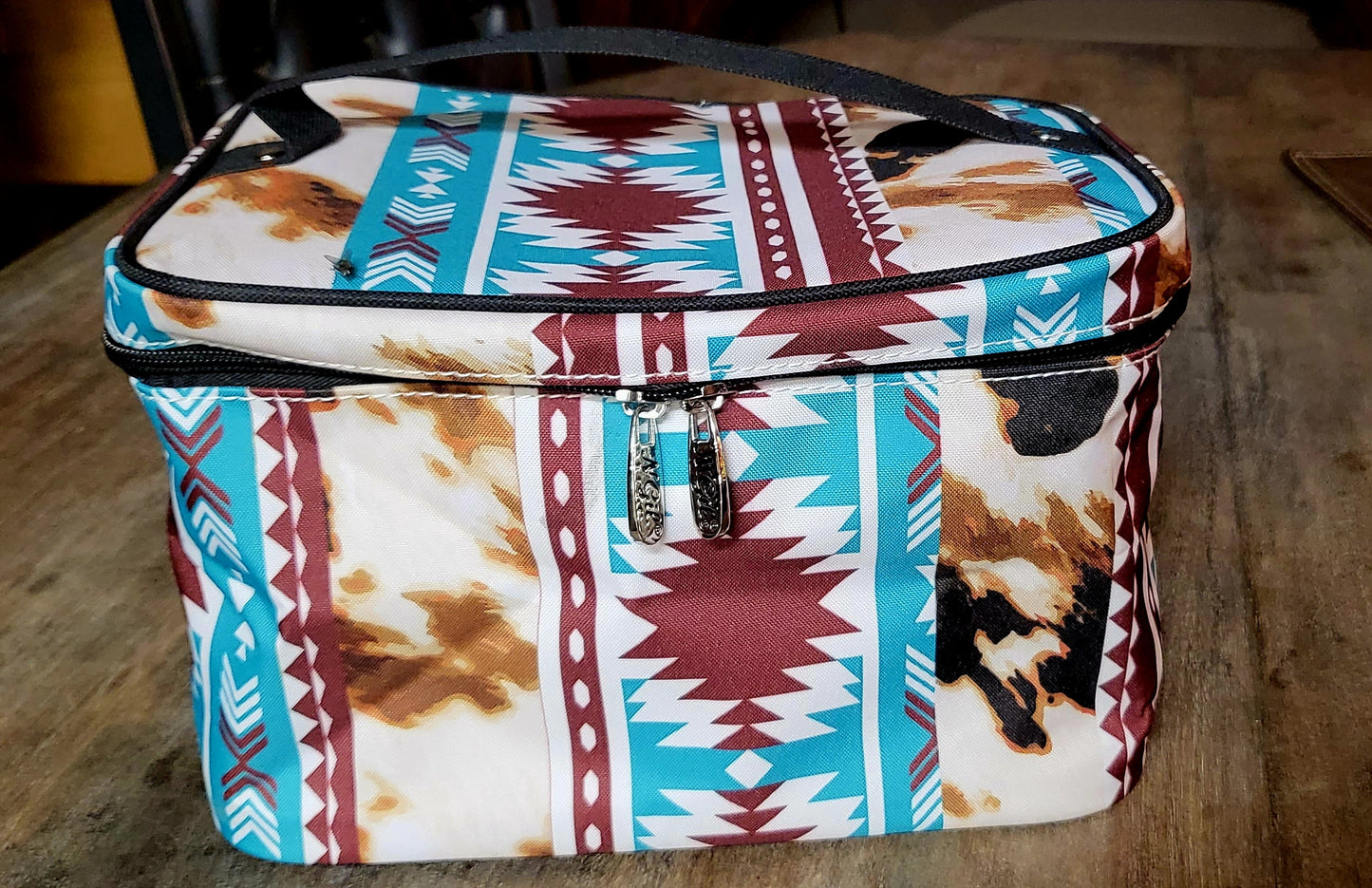 Aztex and cow print 3 piece duffle bag, crossbody wallet, and train case