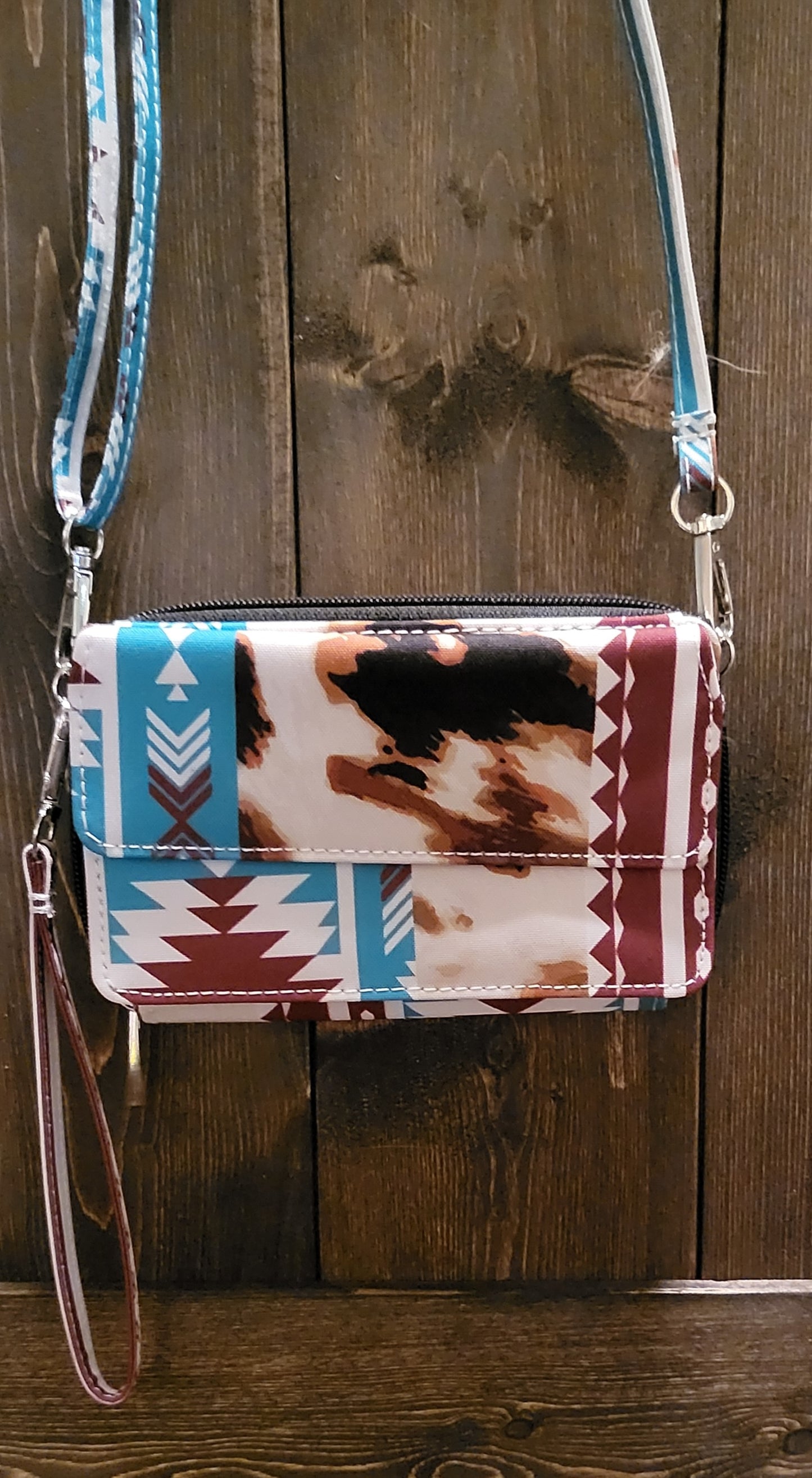 Aztex and cow print 3 piece duffle bag, crossbody wallet, and train case