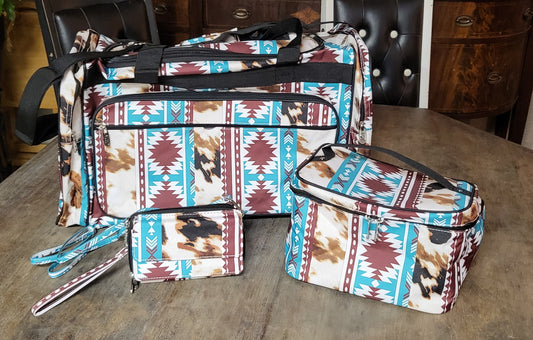 Aztex and cow print 3 piece duffle bag, crossbody wallet, and train case