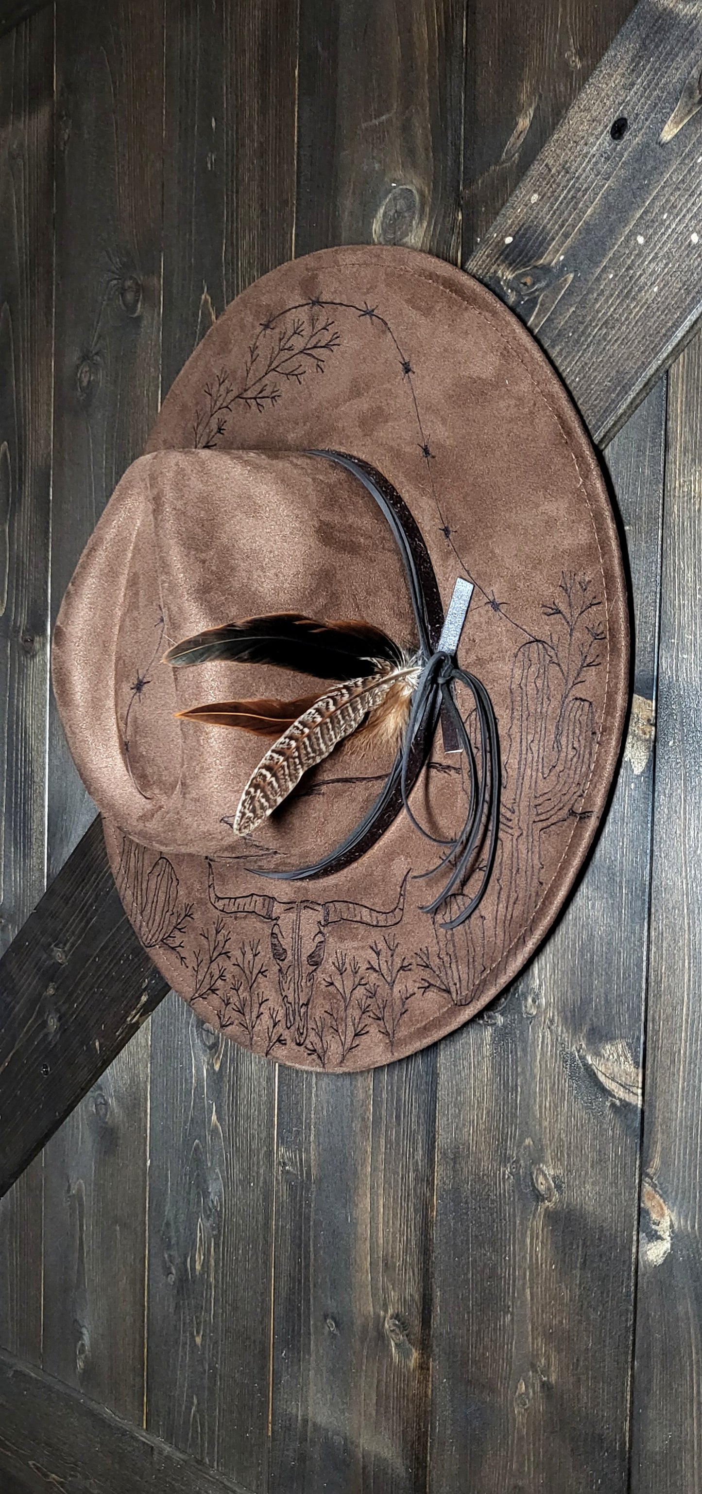 Introducing "Miranda" our desert sun scape suede fedora hat. Hand is burned on top and under her brim, fully adjustable