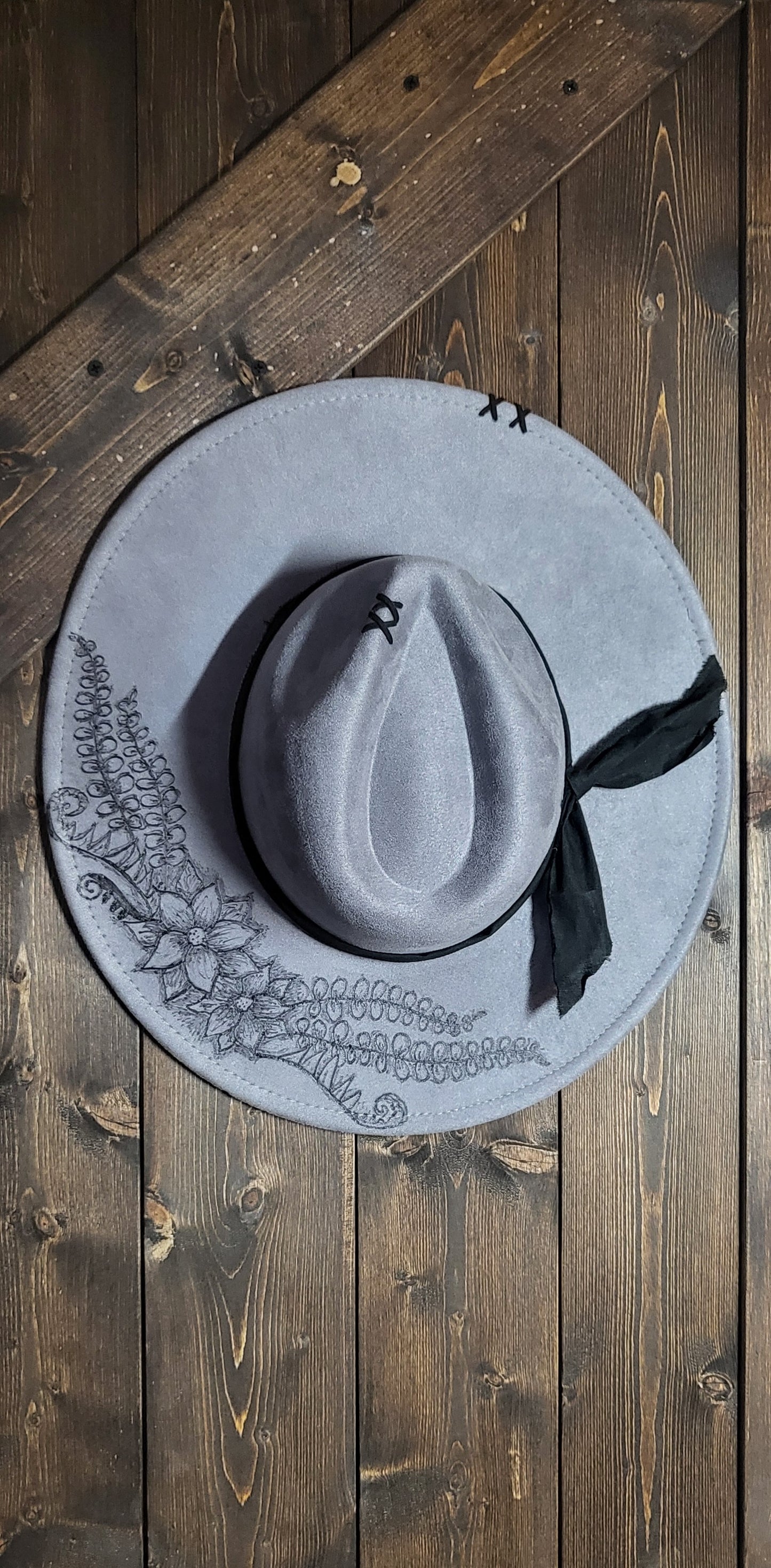 grey burned suede fedora cowboy hat with genuine leather stitches and a fabric hatband